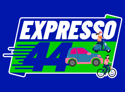 a blue and green expresso sign with a car and scooter