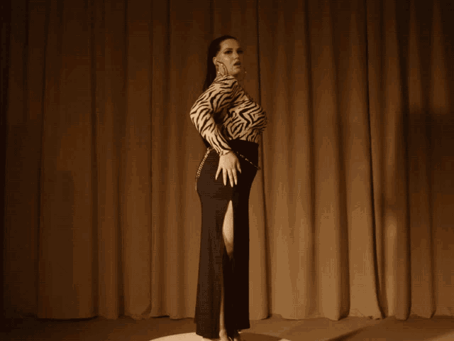 a woman in a zebra print top and black skirt is standing on a pedestal