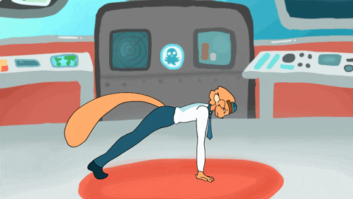 a cartoon drawing of a man doing push ups in front of a machine with an octopus on it