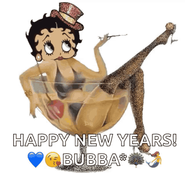 a picture of betty boop sitting in a glass with the words happy new years bubba