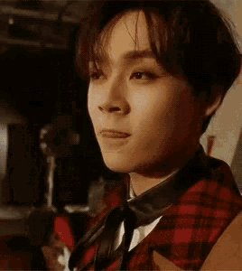 a close up of a young man wearing a red plaid shirt and a black tie .