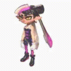 a cartoon character with a pink and purple tail is standing on a white background .