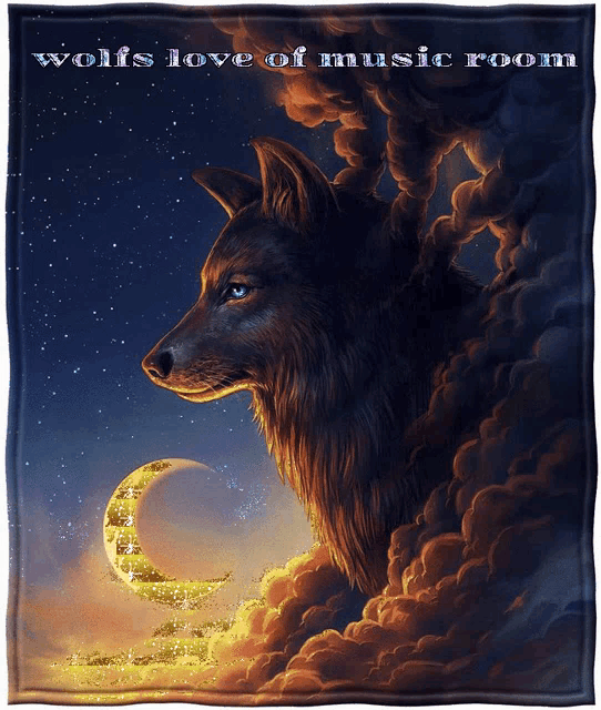 a painting of a wolf with the words " wolves love of music room " on the bottom