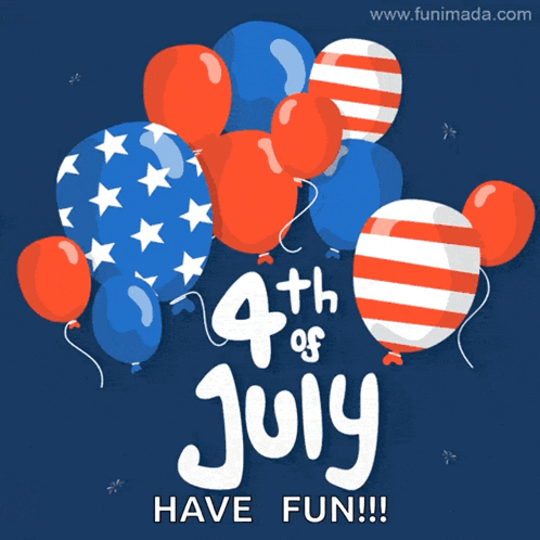 a 4th of july greeting card with red white and blue balloons and fireworks