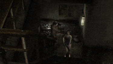 a man in a black shirt is walking down stairs