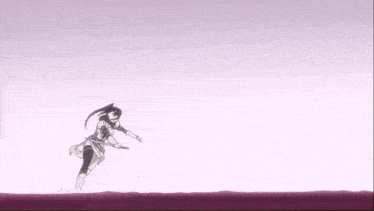 a cartoon character is jumping over a purple line .