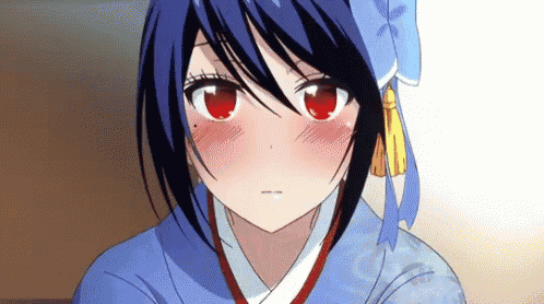 a close up of a anime girl with blue hair and red eyes .
