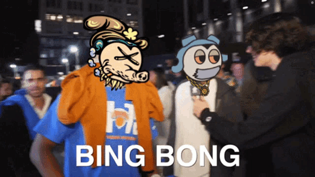a group of people are standing in a crowd with the words bing bong on the bottom