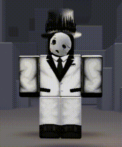 a roblox character wearing a tuxedo and top hat is standing in a dark room .