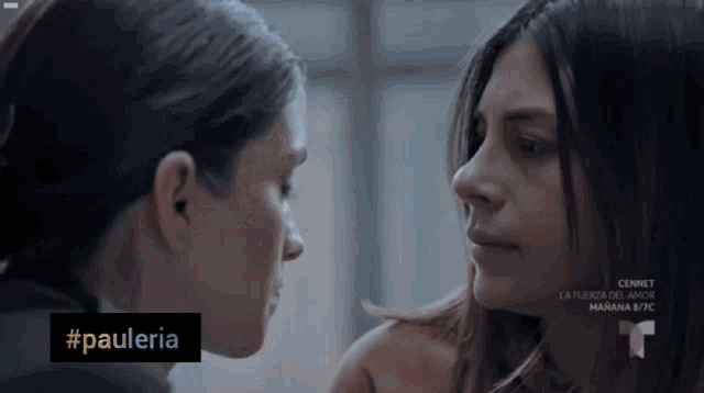 a couple of women looking at each other with the hashtag #pauleria on the bottom