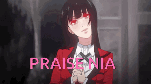 a picture of a girl with red eyes and the words praise nia below her