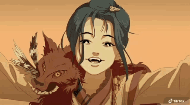 a cartoon of a girl with a wolf on her shoulder with tiktok written on the bottom right
