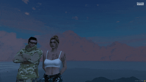 a man and a woman standing next to each other in front of a mountain in a video game called grand theft auto v