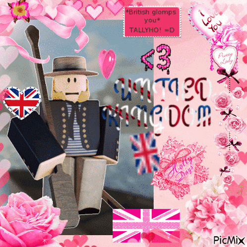 a picture of a man holding a cane and a sign that says british glomps you tallyho