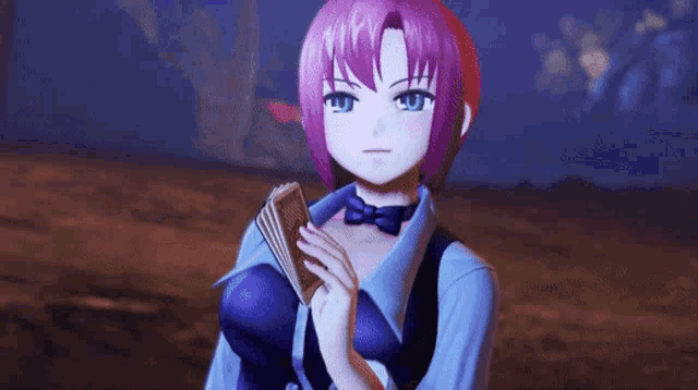 a girl with pink hair and blue eyes is holding a book