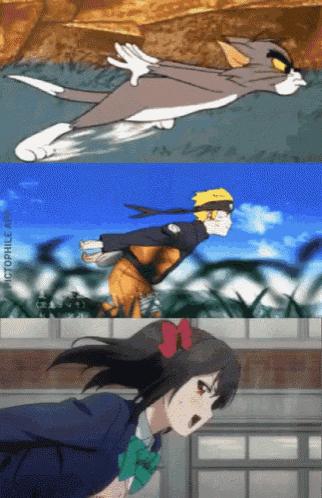 a cartoon of tom and jerry and a cartoon of naruto running