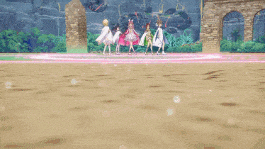 a group of anime girls are standing in a circle on a stage