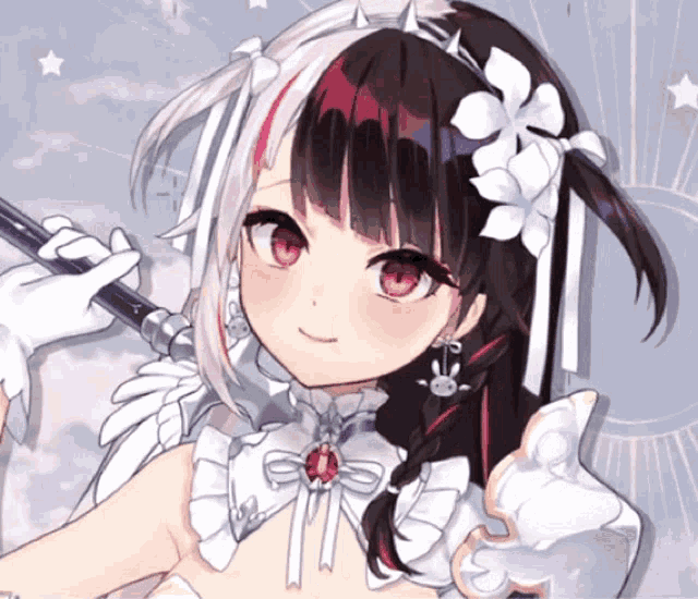 a drawing of a girl with red eyes and a white flower in her hair