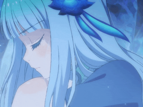 a girl with blue hair has a flower in her hair