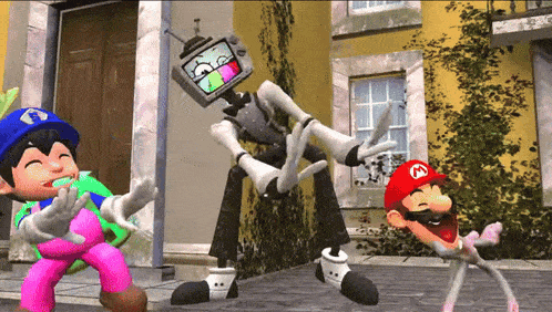 a video game character wearing a red hat with the letter m