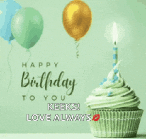 a birthday card with a cupcake and balloons and the words happy birthday to you keeks love always .