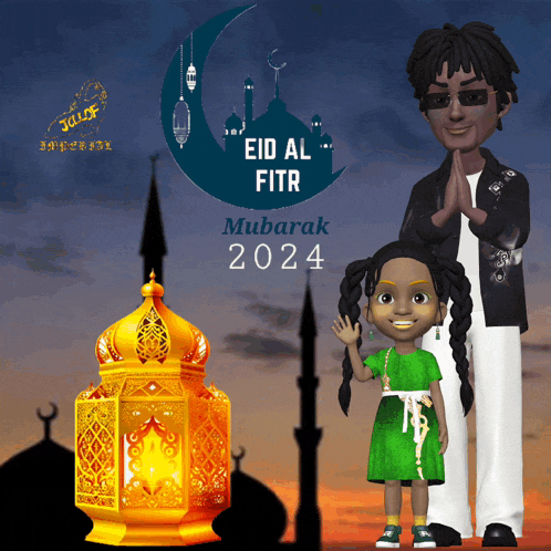 a greeting card for eid al fitr with a man and girl