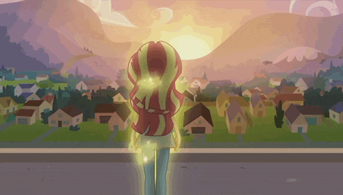 sunset shimmer from my little pony equestria girls stands in front of a city