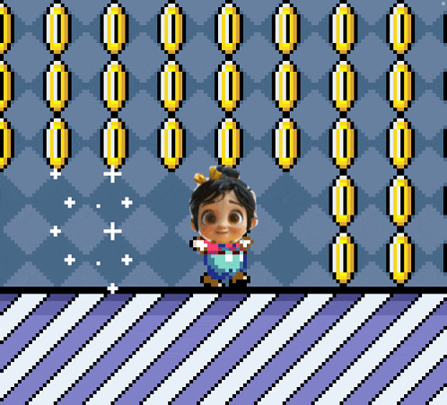 a pixel art of a girl standing in front of a wall with gold coins on it