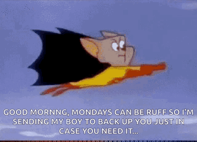 a cartoon character is flying through the air with a caption that says good morning