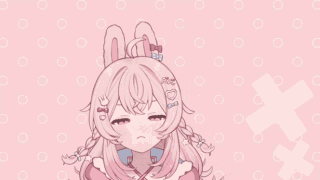 a girl with pink hair has a bunny ear and a heart on her head