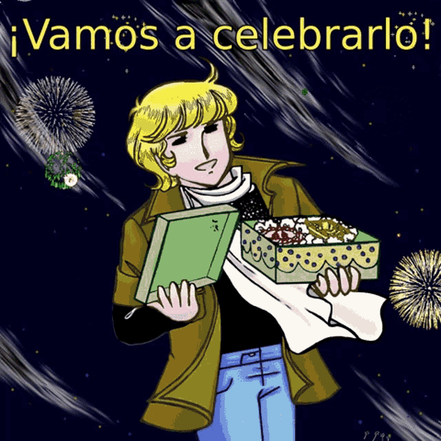 a cartoon drawing of a man holding a gift box with the words vamos a celebrarlo written above him
