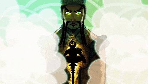 a cartoon drawing of a man with a beard and green eyes