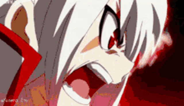 a close up of a person 's face with white hair and red eyes