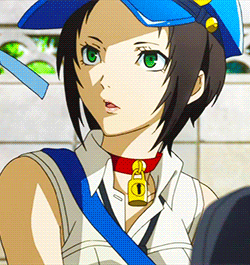 a close up of a girl wearing a blue hat and a red choker