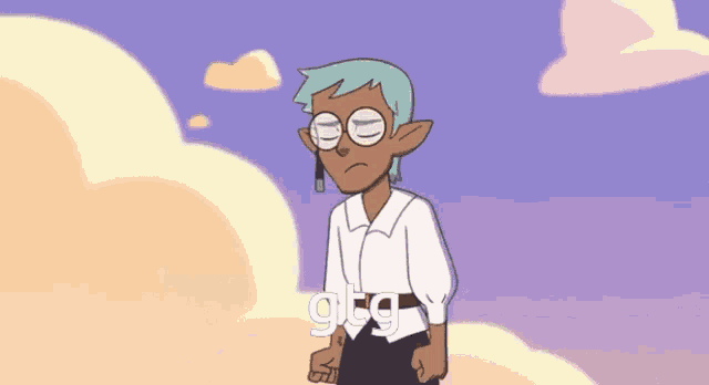 a cartoon character with blue hair and glasses is standing in front of a cloud .
