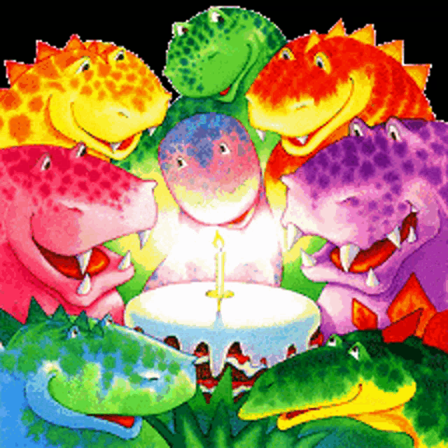a group of colorful dinosaurs around a cake with a candle
