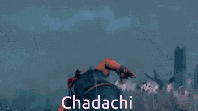 a video game character is riding a bull and the word chadachi is visible
