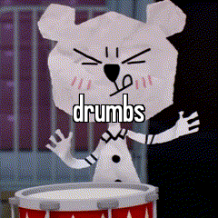 a cartoon character is holding a drum with the word drums written on it