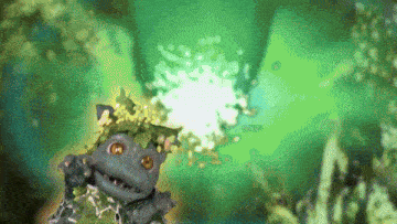 a cartoon of a frog with leaves on its head is surrounded by greenery