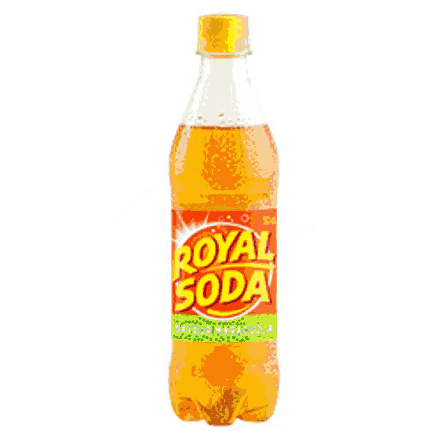 a bottle of royal soda with a yellow cap on a white background