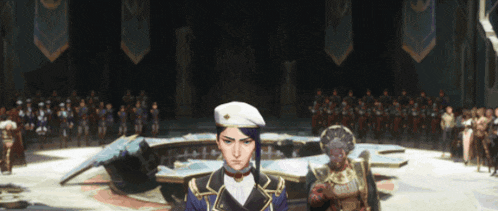 a woman in a white hat is standing in front of a crowd
