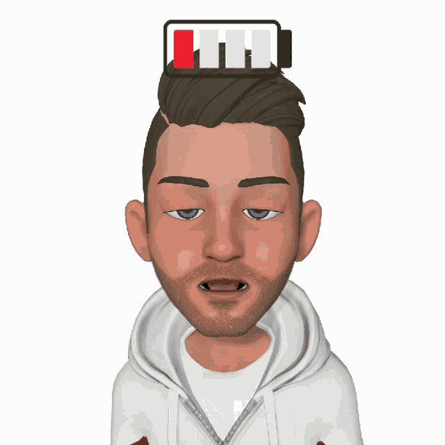 a cartoon of a man with his eyes closed and a battery in the background
