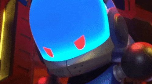 a cartoon robot with a blue head and red eyes