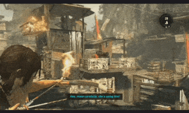 a screenshot of a video game that says hey move carefully she 's using fire on it