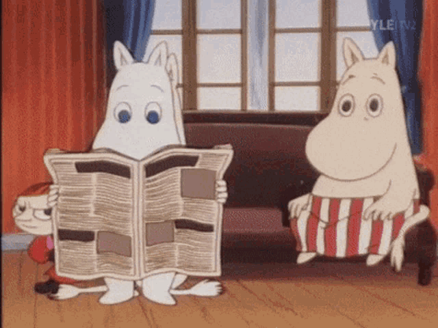 two cartoon characters reading a newspaper with yle tv2 on the bottom right