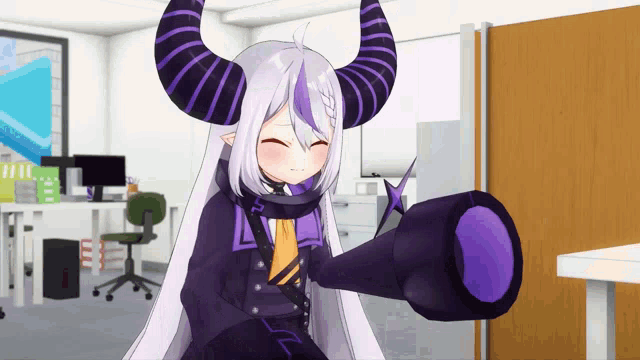 a girl with horns is holding a telescope in her hand