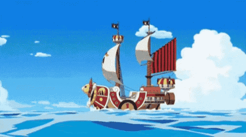 a cartoon ship with a red sail is floating in the ocean