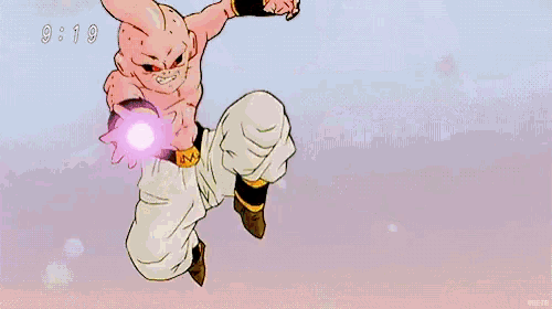 a cartoon character from dragon ball z is flying through the air with a pink sphere coming out of his fist .