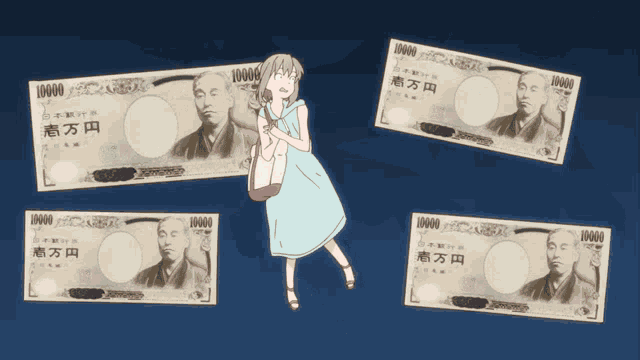 a woman is standing in front of a bunch of money that says 10000