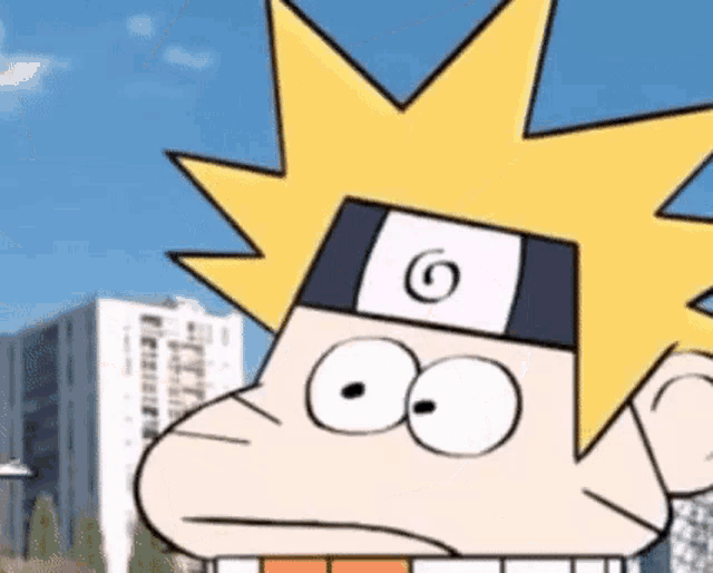 a cartoon character with a swirl on his head is standing in front of a city .